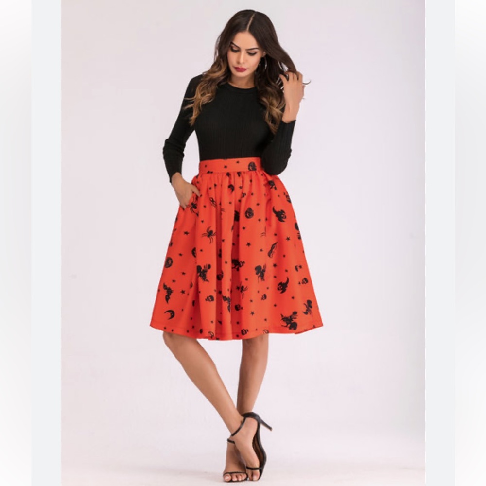 Neophil Women's Halloween Pattern High Waist Midi Skirts Pockets XL